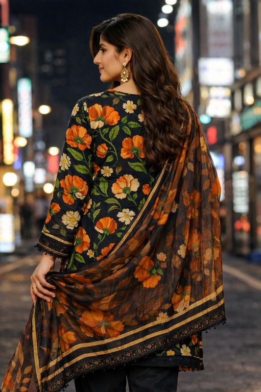 Vibrant Orange & Cream Florals – 3 Piece Lawn Suit