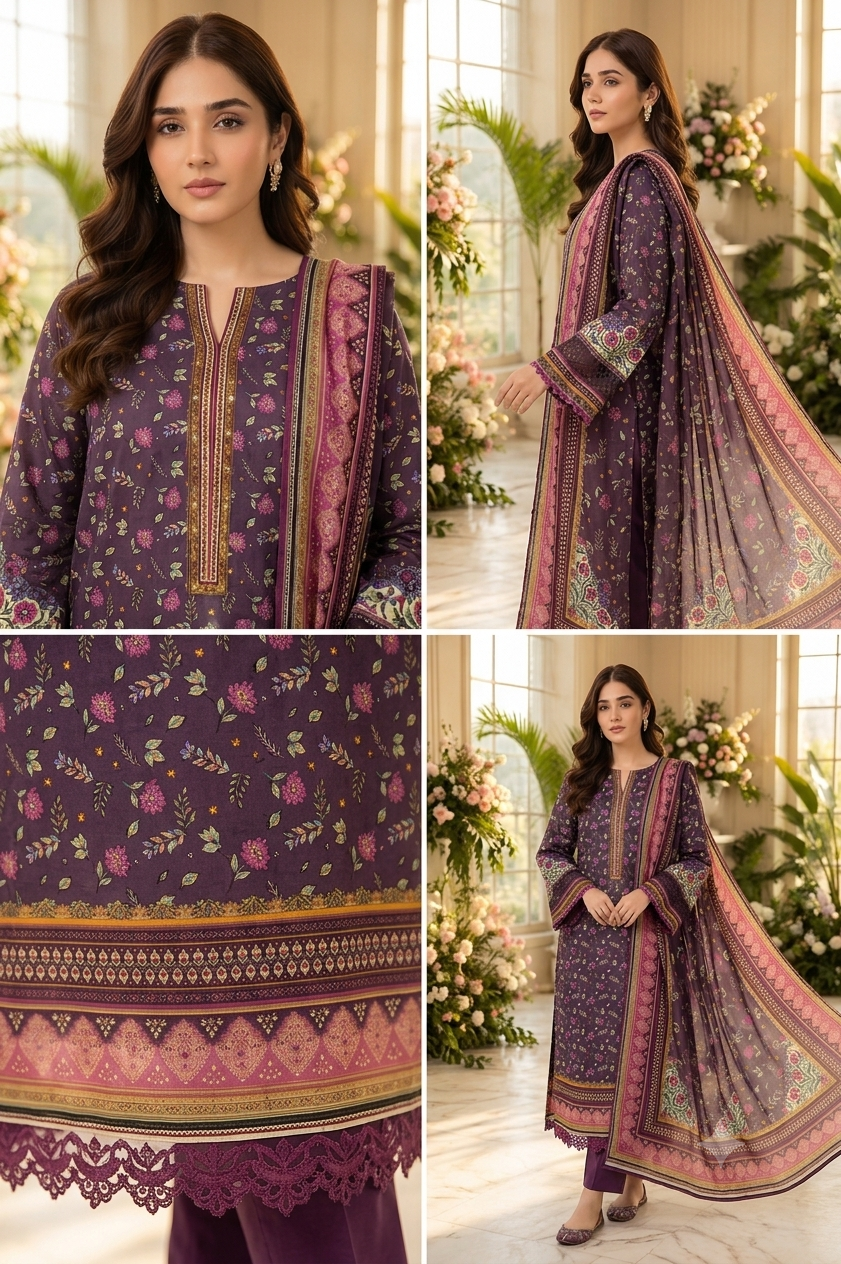 Mauve Blossom Elegance – 3 Piece Lawn Suit