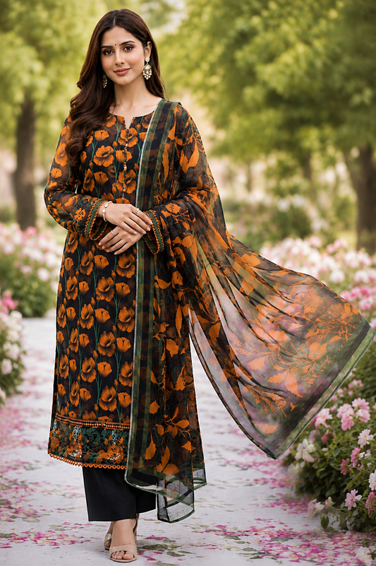 Orange Poppy Garden – 3 Piece Lawn Suit