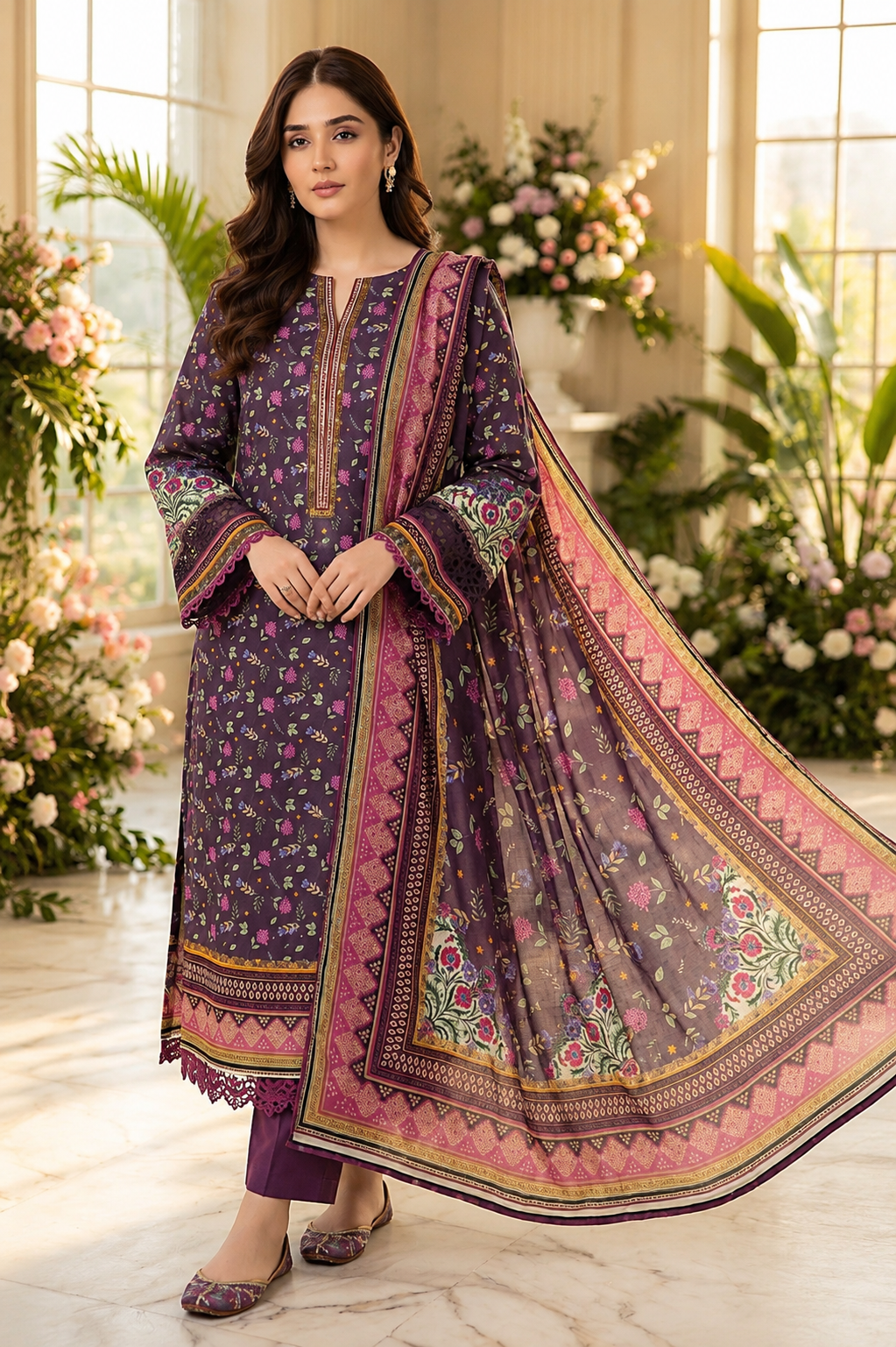 Mauve Blossom Elegance – 3 Piece Lawn Suit