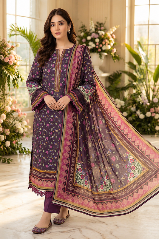Mauve Blossom Elegance – 3 Piece Lawn Suit