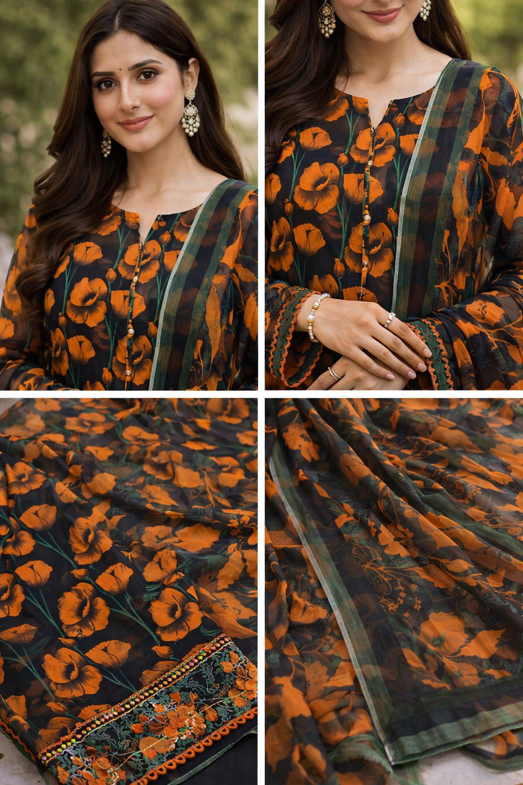 Orange Poppy Garden – 3 Piece Lawn Suit