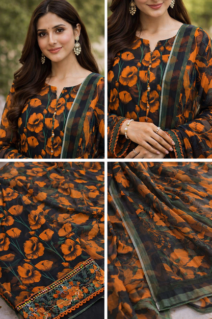Orange Poppy Garden – 3 Piece Lawn Suit