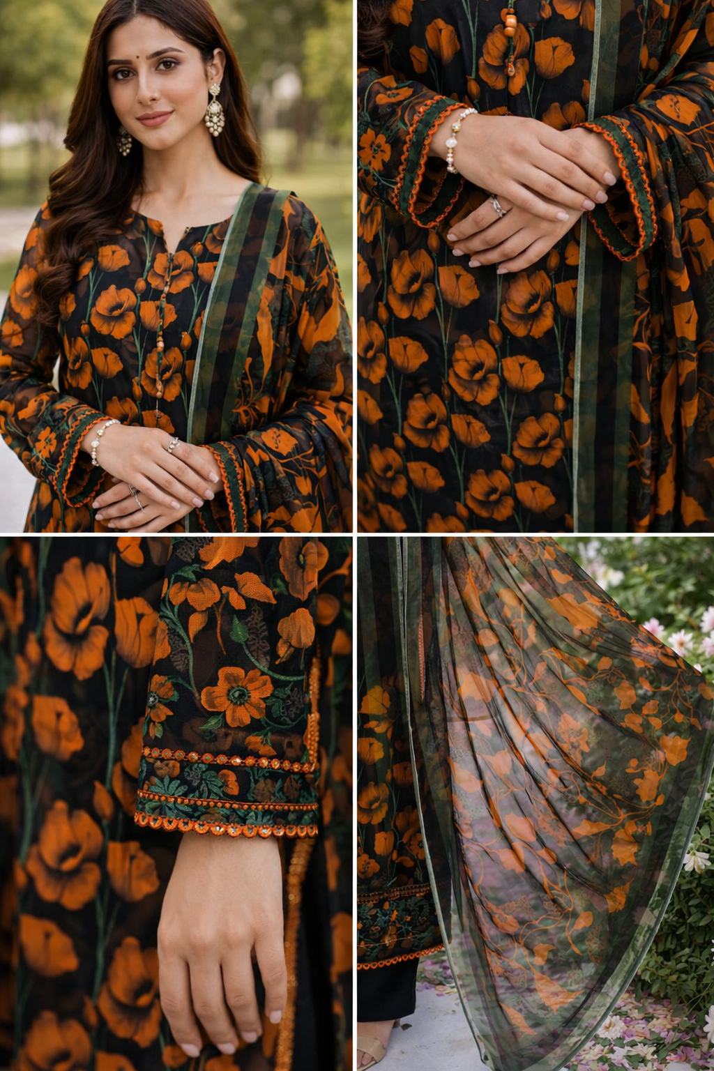 Orange Poppy Garden – 3 Piece Lawn Suit