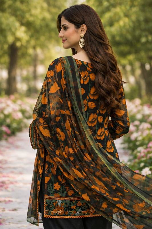 Orange Poppy Garden – 3 Piece Lawn Suit