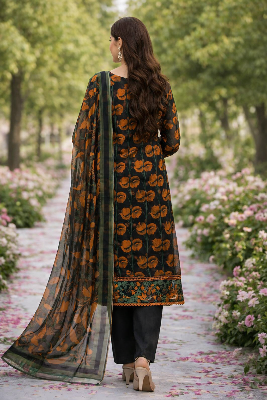Orange Poppy Garden – 3 Piece Lawn Suit