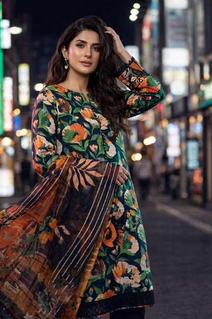 Vibrant Orange & Cream Florals – 3 Piece Lawn Suit