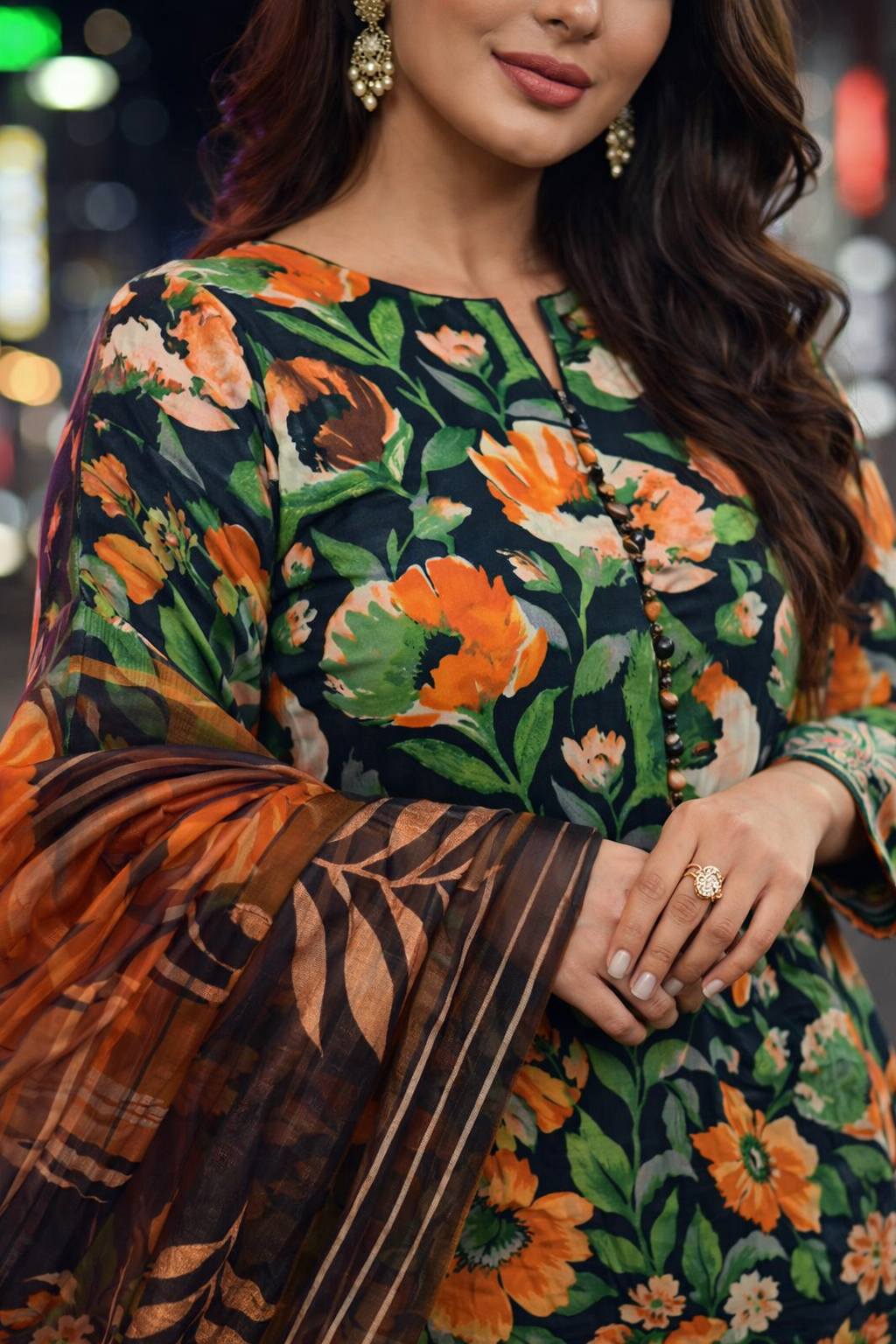 Vibrant Orange & Cream Florals – 3 Piece Lawn Suit