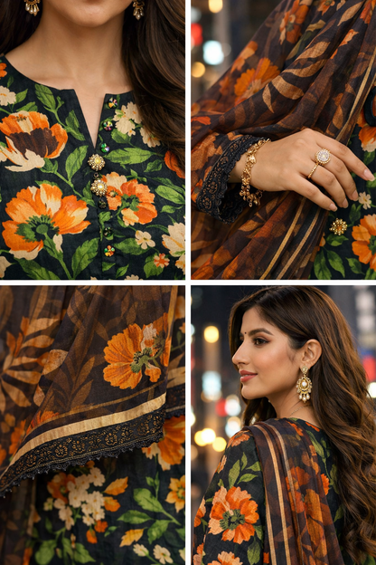 Vibrant Orange & Cream Florals – 3 Piece Lawn Suit