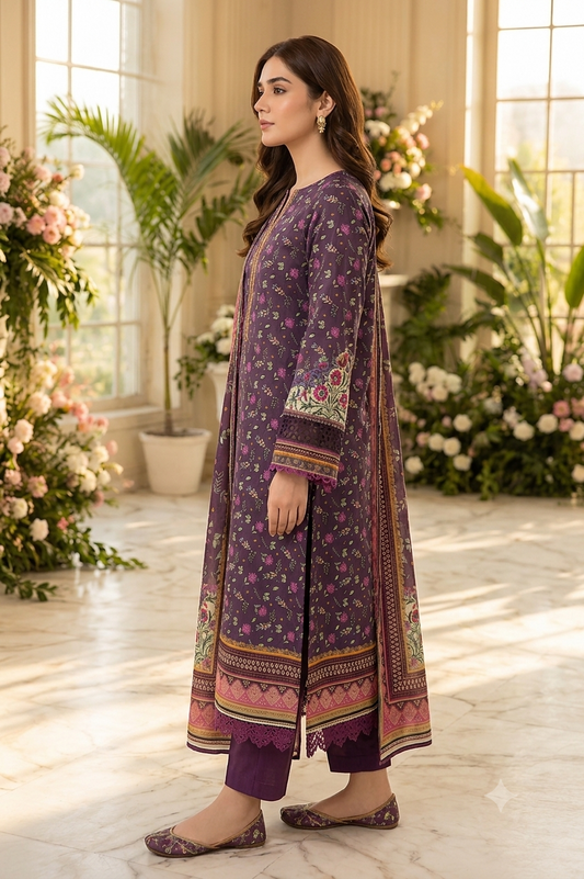 Mauve Blossom Elegance – 3 Piece Lawn Suit