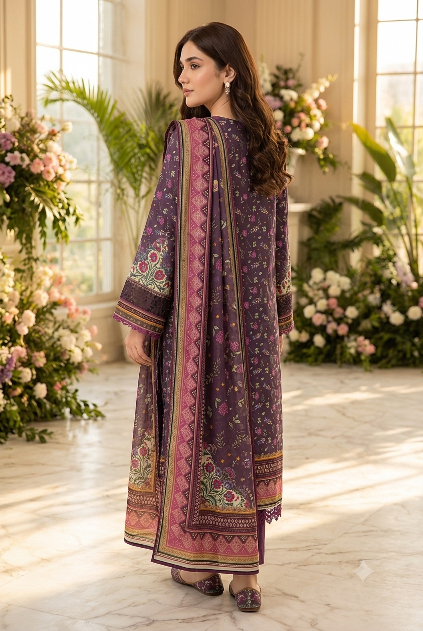 Mauve Blossom Elegance – 3 Piece Lawn Suit